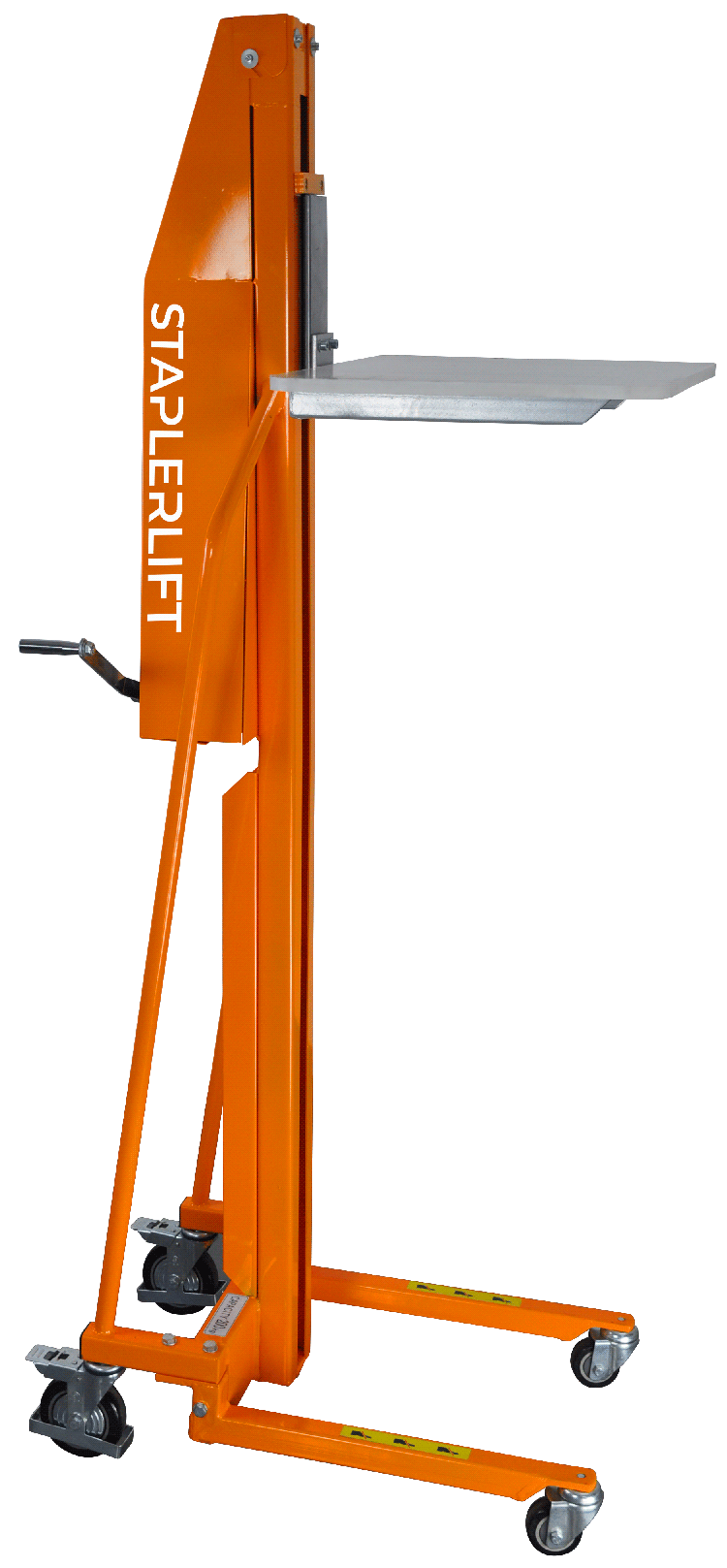 Manueller Hebelift in orange mit Kurbelantrieb, Hubmast und Plattform in seitlicher Ansicht