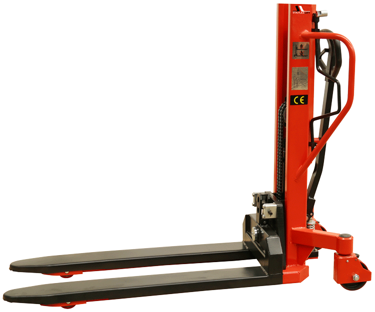 Manueller Hochhubwagen in rot mit schwarzen Gabeln, Seitenansicht mit Hubmast