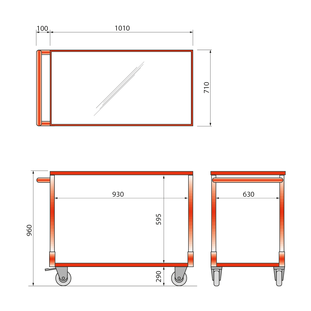 Tischwagen mit 2 Ladeflächen - Plattformwagen in rot / weiß