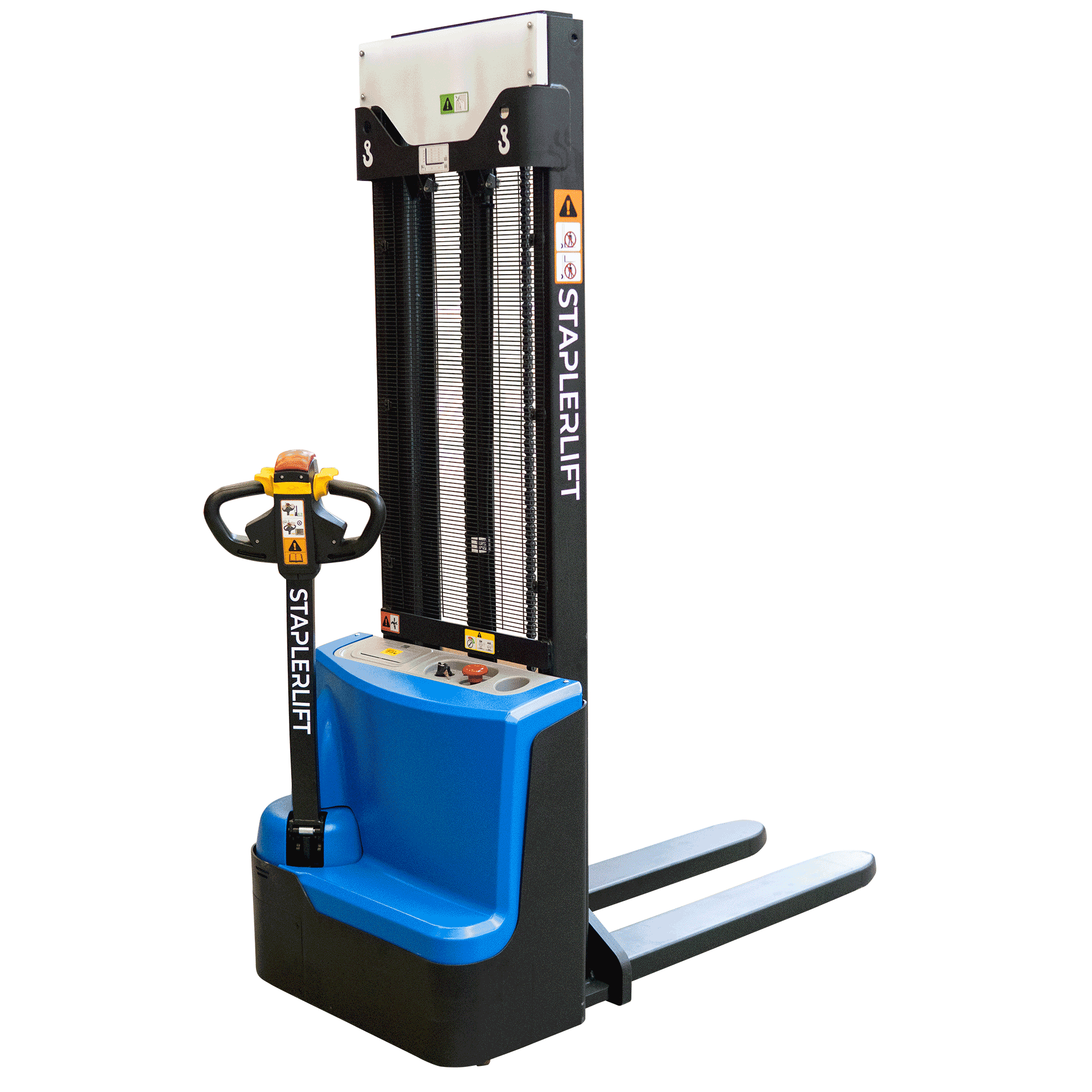 Elektro-Hochhubwagen mit blauer Verkleidung, schwarzem Hubgerüst und Bediendeichsel in Seitenansicht
