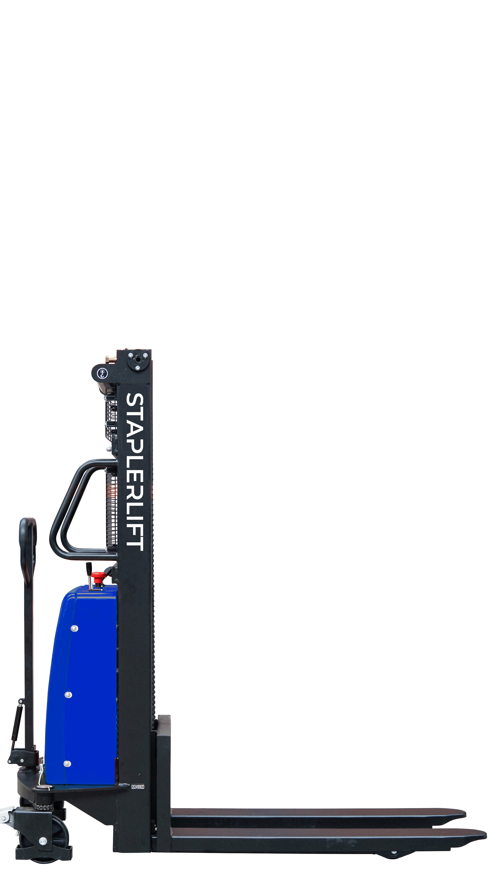 Semi-elektrischer Hochhubwagen mit schwarzem Hubmast, blauer Gehäuseabdeckung und angehobenen Gabelzinken in Seitenansicht
